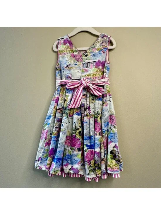 MONSOON Watercolor Beach Scene Dress Girls 5 Sailboats Lake Summer Sundress - Picture 2 of 8